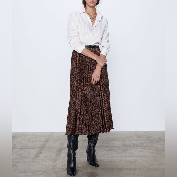 ZARA Pleated A-line Midi Skirt Animal Print - Picture 8 of 9